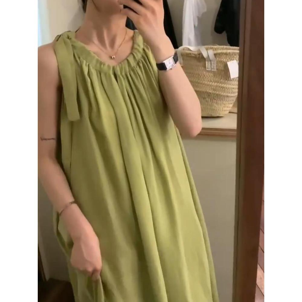 Loose and Thin Resort Style Casual Sleeveless Dress Mustard Green Vest Skirt Fashion Girl