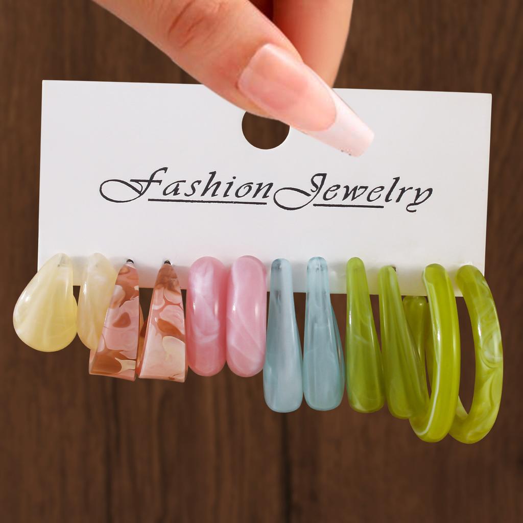 6/11 Pairs Colorful Simple Resin Earrings Set For Women Girls Vintage Geometric C-Shaped Hoop Earrings Zircon Accessories Gifts