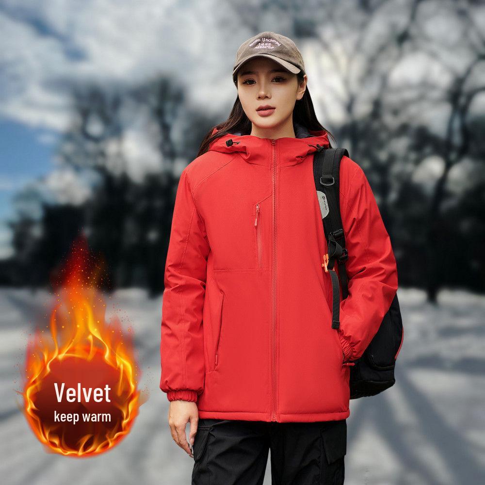Unisex Fleece-Lined Windbreaker: Thickened, Solid Color Jacket for Couples - Winter Outdoor Warmth