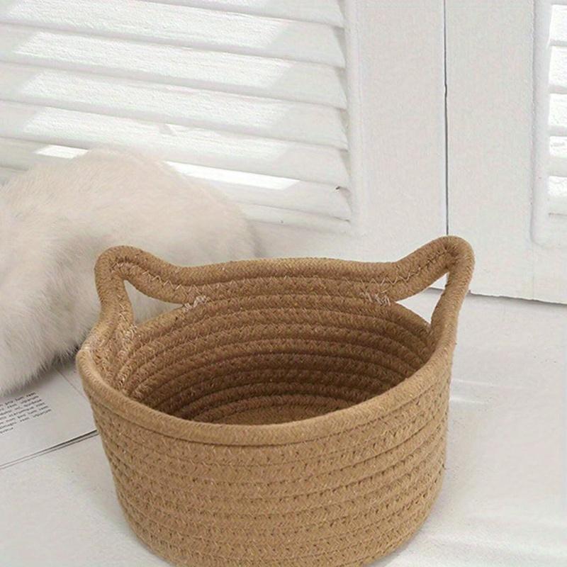 1pc Small Handwoven Cat Ear Design Rope Storage Basket, Desktop Storage Basket for Living Room, Bedroom, Desk, Bedside