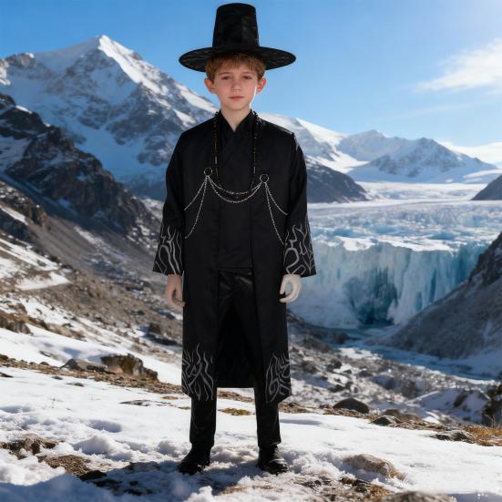 Korean Anime Cosplay Costume Black Flame Robe Shirt Pant Hat Set Villain Role-playing Outfit for Kids Halloween Carnival Performance
