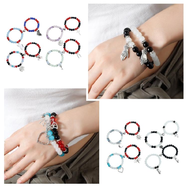 2Pieces Elegant Crystal Bead Bracelet Magnetic Clasp Handchain for Couples Adjustable Matching Wristbands Accessory
