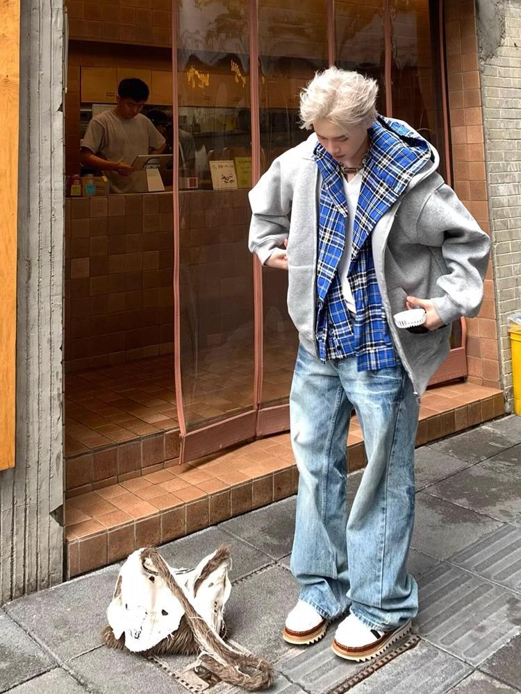 Men s American-Style Faux Two-Piece Plaid Hooded Cardigan Hoodie, 2024 Spring/Autumn Loose-Fit Jacket M