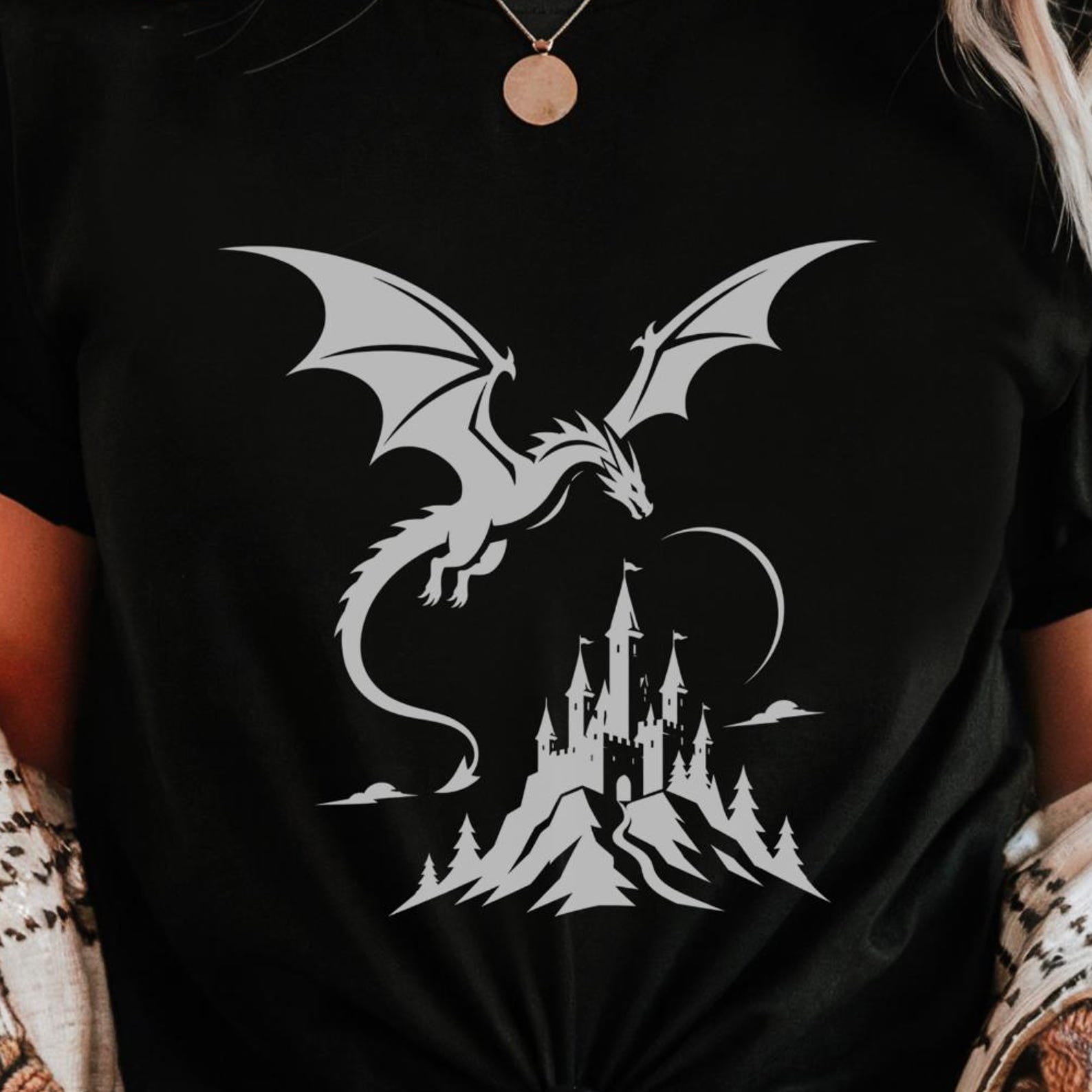 Fantasy Dragon Castle Shirt | Minimalist High-Fantasy Graphic Tee S