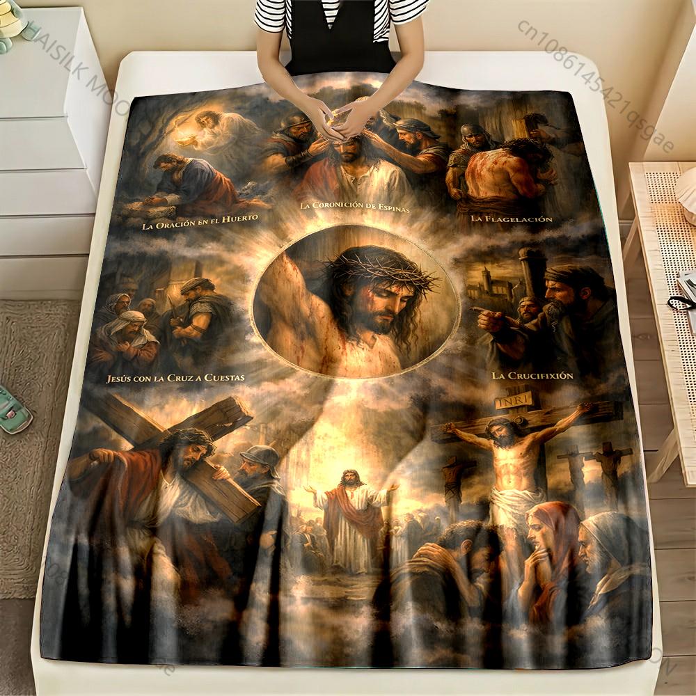 

1PC Jesus passion scenes collection Print Blanket Warm Soft Fluffy Kids Adult Sofa Bed Throw Blanket Outdoor Travel Camping RV 75x90cm