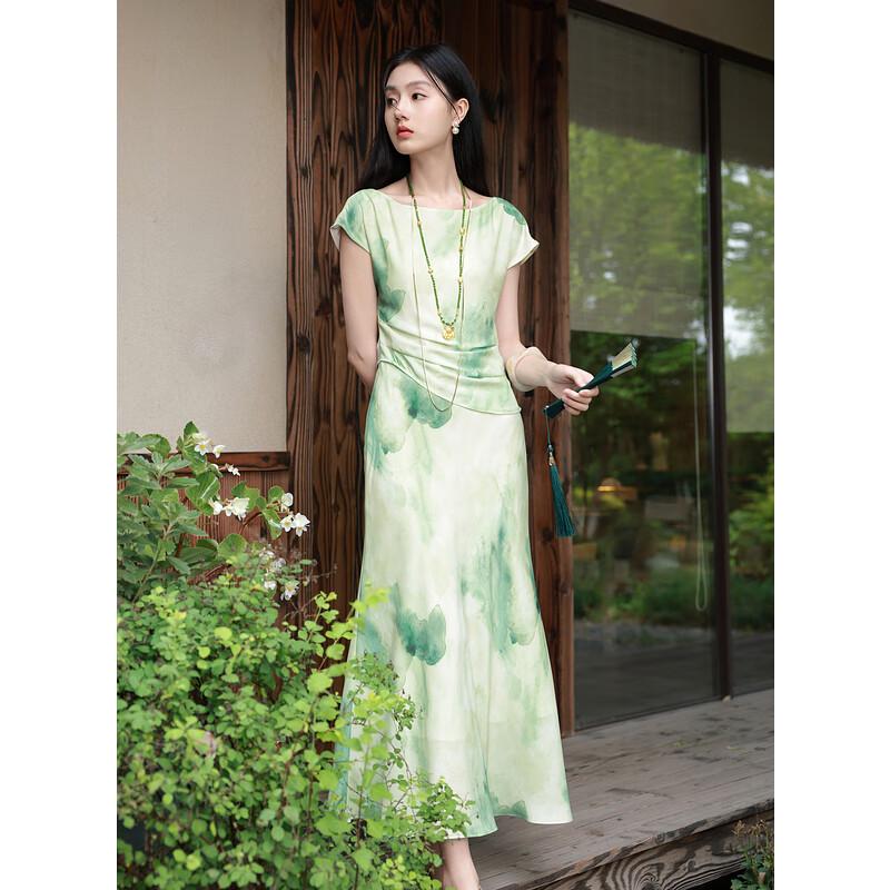

SanCai Jade Shadow New Chinese Style Fake Two-Piece A-Line Long Dress S