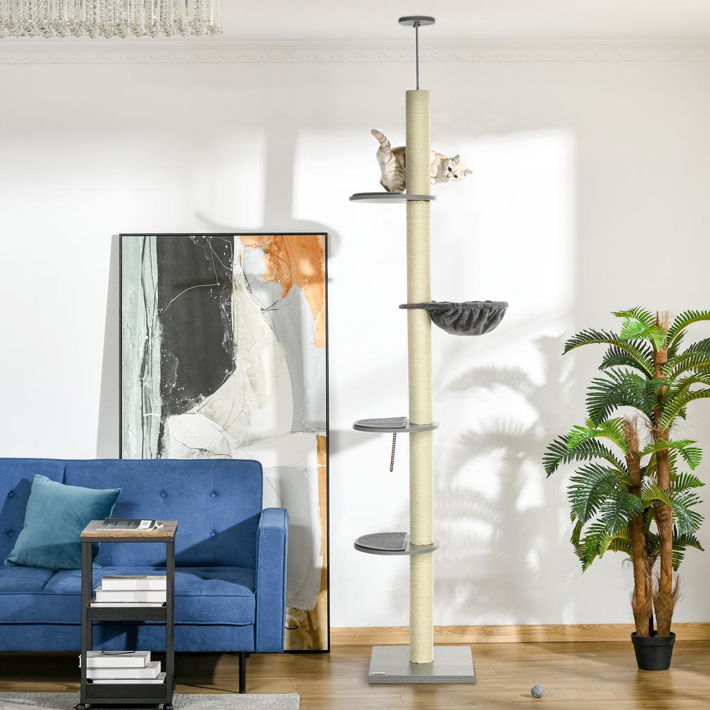 250cm Boden-zu-Decke Kratzbaum mit Hängematte, Kratzbaum