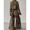 Women's Loose Fit Two Piece Pant Suit Long Sleeve Crop Top Elastic Waist Wide Leg Leopard Matching Set