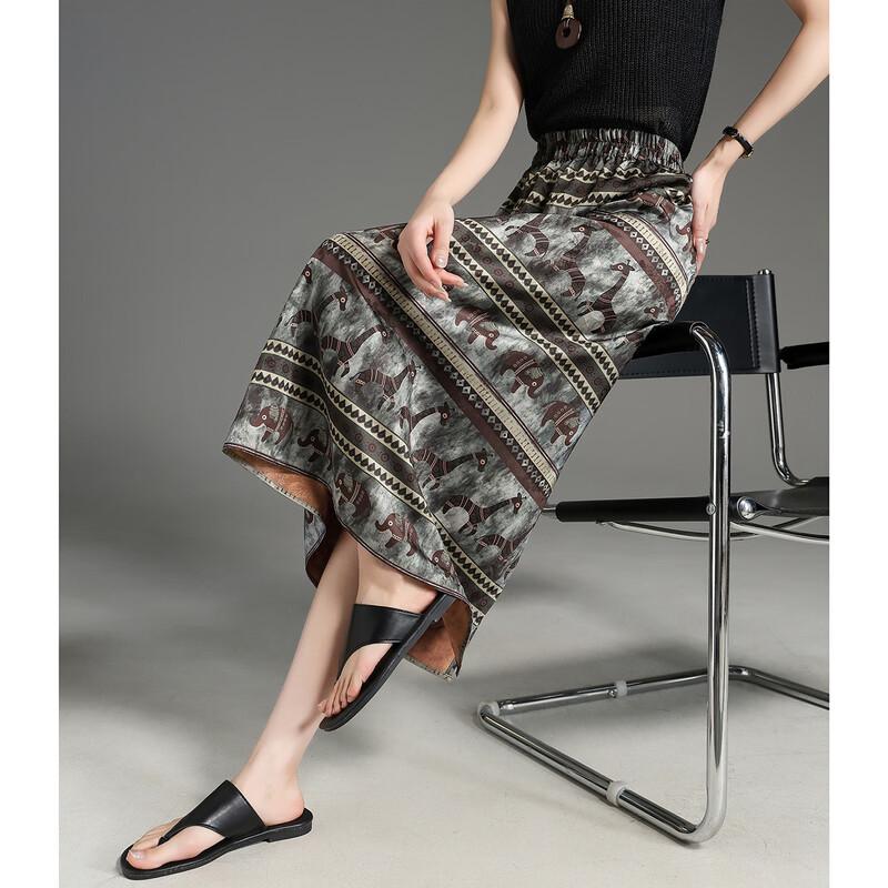Ethnic Print Elastic Waist Midi Skirt