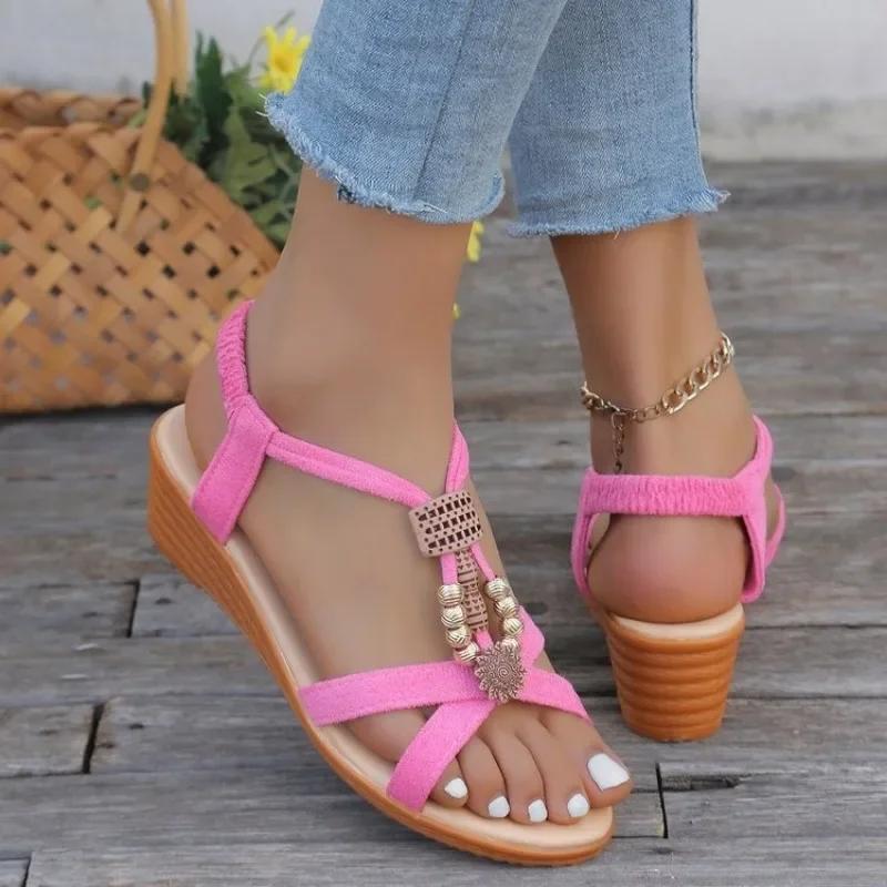 String Bead Casual Modern Sandals Summer Elastic Band 2025 High Quality Women's Shoes Hot Sale Peep Toe Wedge Women's Sandals