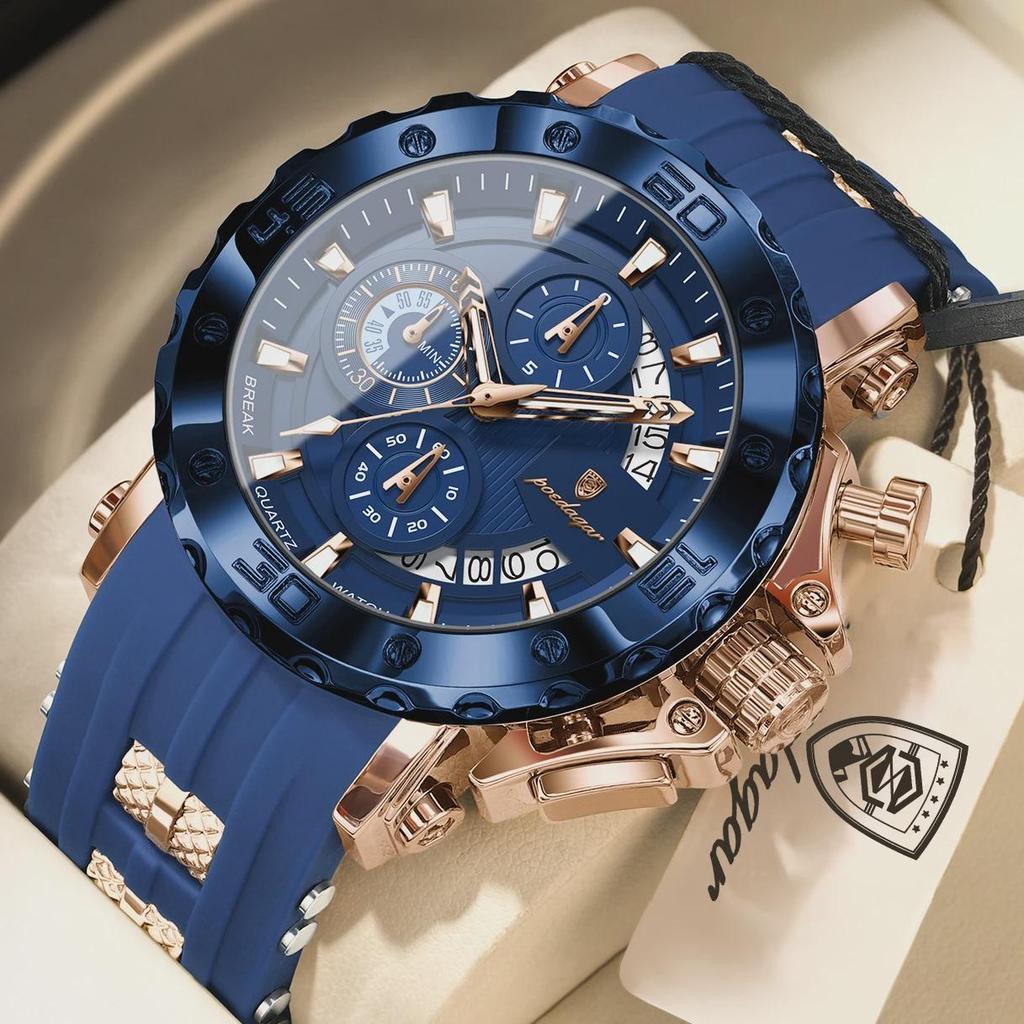 POEDAGAR Men's Silicone Band Sport Watch Chronograph Quartz Waterproof Luminous Hands Casual Wristwatch Male Gift