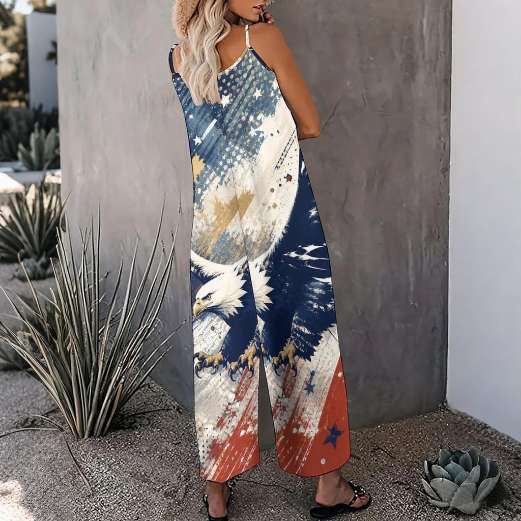 Women Spaghetti Strap Jumpsuit Cosmic Planet Star Patriotic Stripe Print Wide Leg Pants With Pockets
