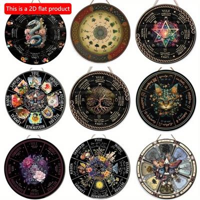 1pc Roue plate 2d de l'Année Panneau Rond en Bois - 20cm Panneau Païen Sorcière, Fêtes Wiccanes, Calendrier Wicca, Signe Céleste, Panneau Roue de l'Année
