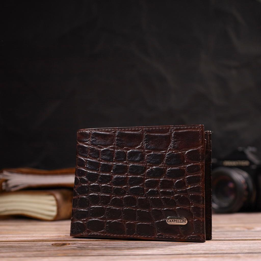 Fashionable Horizontal Men's Wallet of Medium Size Made of Genuine Leather with Crocodile Embossing CANPELLINI 21865 Brown