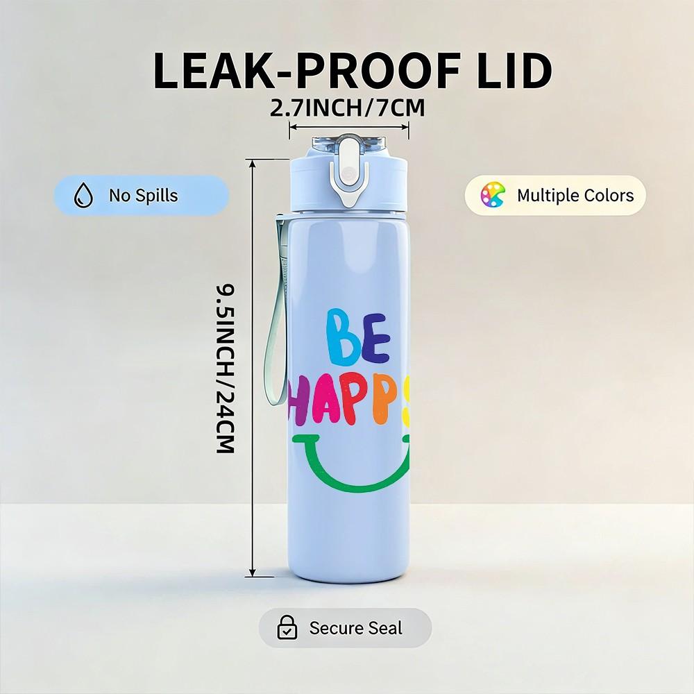 1PC Be Happy Rainbow Bright Slogan Lettering 750ml Color Plastic Sports Water Bottle Leakproof Flip Straw Lid Suitable for Sports Office Home Use