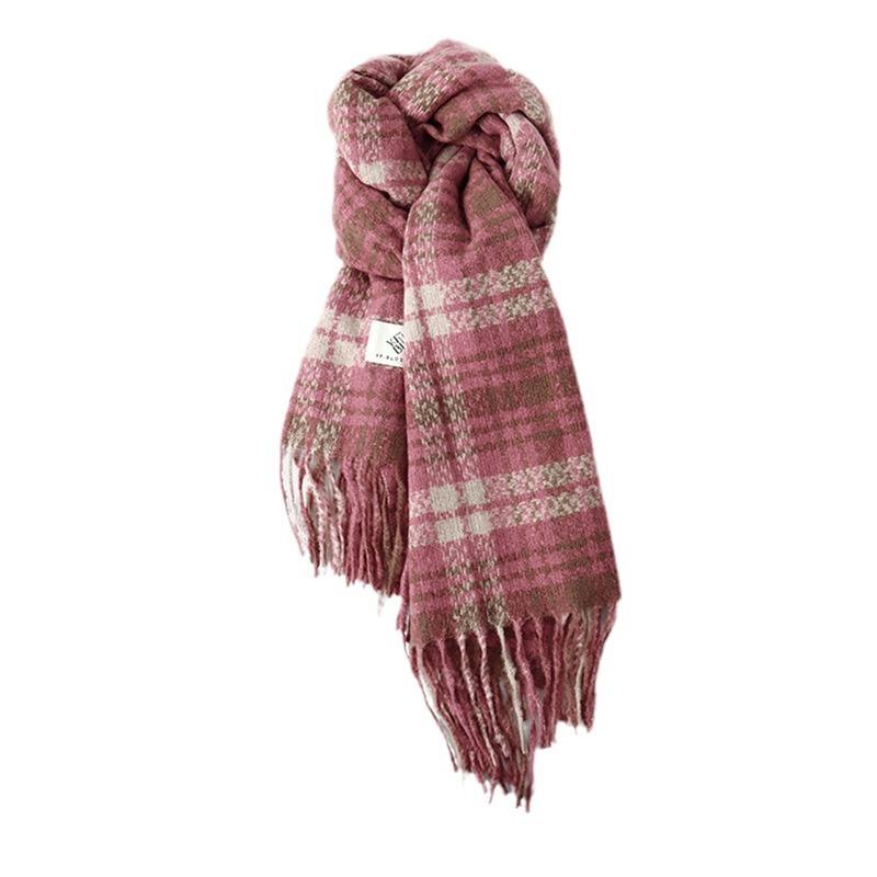 Raspberry pink plaid scarf atmosphere retro plaid fringed scarf women's autumn and winter warm extended versatile scarf