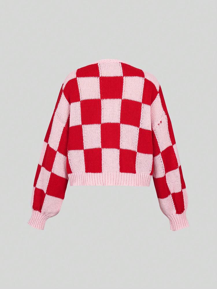 2025 Autumn/Winter Women's Color Block Plaid Wool Cardigan Sweater