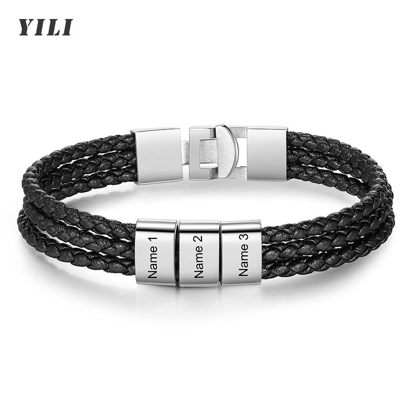 

Custom Family Names Beads Bracelet Men Personalized Engraved Bracelets Black Leather Stainless Steel Bracelet Father s Day gift 1-2 names&17cm