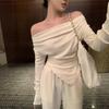 Salt light ripe suit women's one-word shoulder T-shirt top spring new high-waisted wide-leg pants temperament pants two-piece set