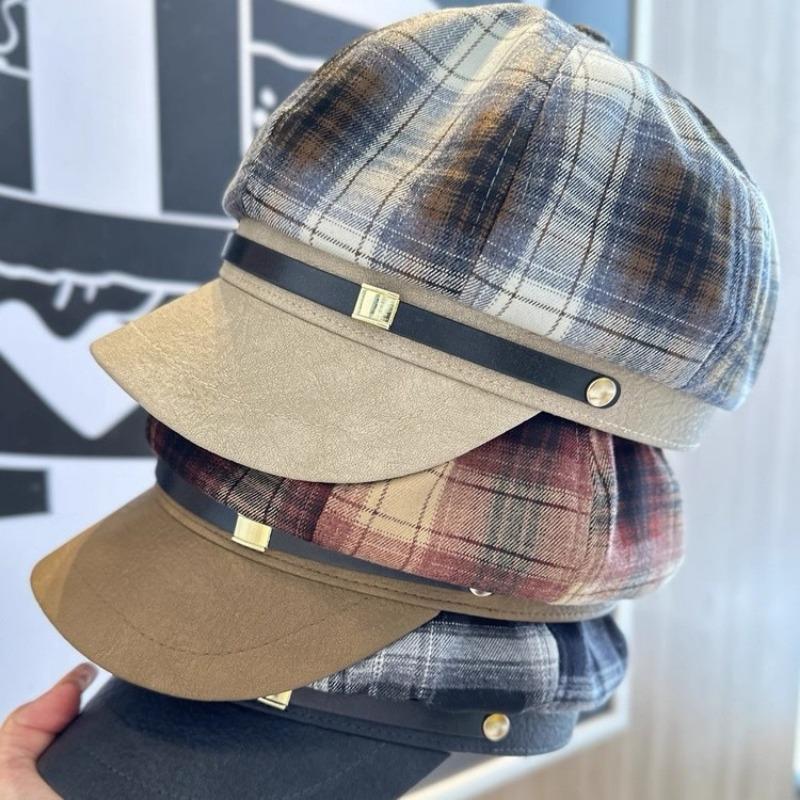 Early Autumn New Plaid Splicing Octagonal Hat Women's Belt Buckle Newsboy Hat Tide