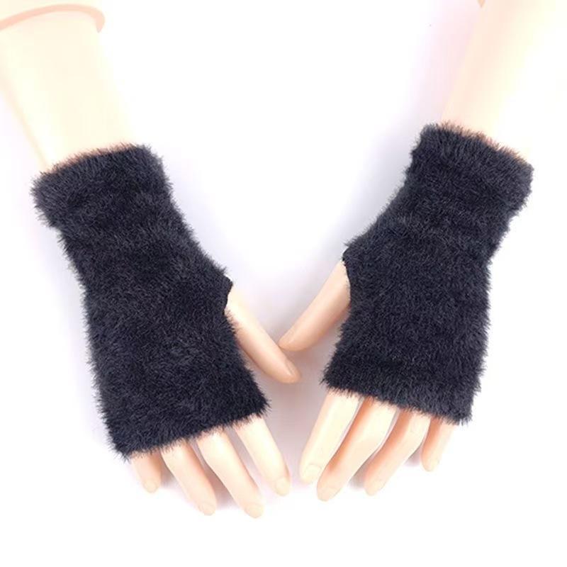 Plush Plush Half Finger Gloves for Women In Winter Furry Warm Wrist Guards with Fingerless Touch Screen Students Typing and Writing