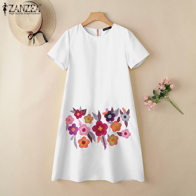 ZANZEA Women Casual Round Neck Short Sleeve Loose Floral Embroidery Dress