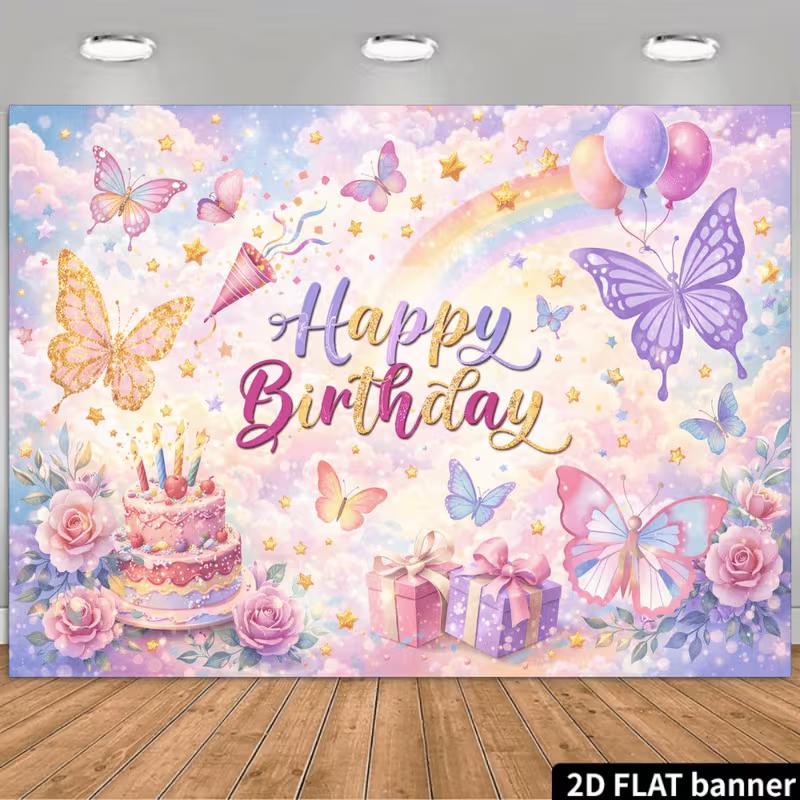 2D Premium Butterfly & Cake Birthday Backdrop Printed Girly Party Banner 47.2x31.5inch/120*80cm