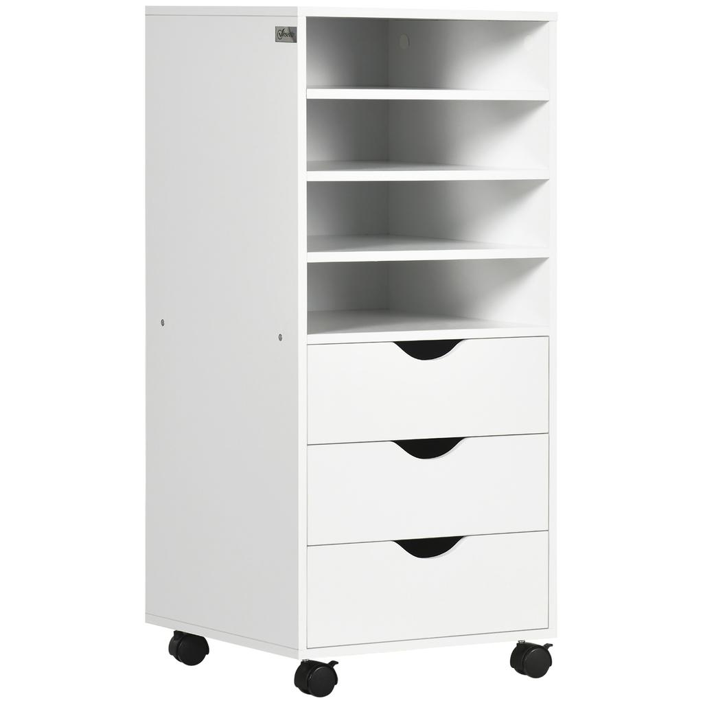 Office Drawer Unit, 3 Drawers, 4 Open Shelves, Wheels, 38 x 40 x 86.8 cm, White