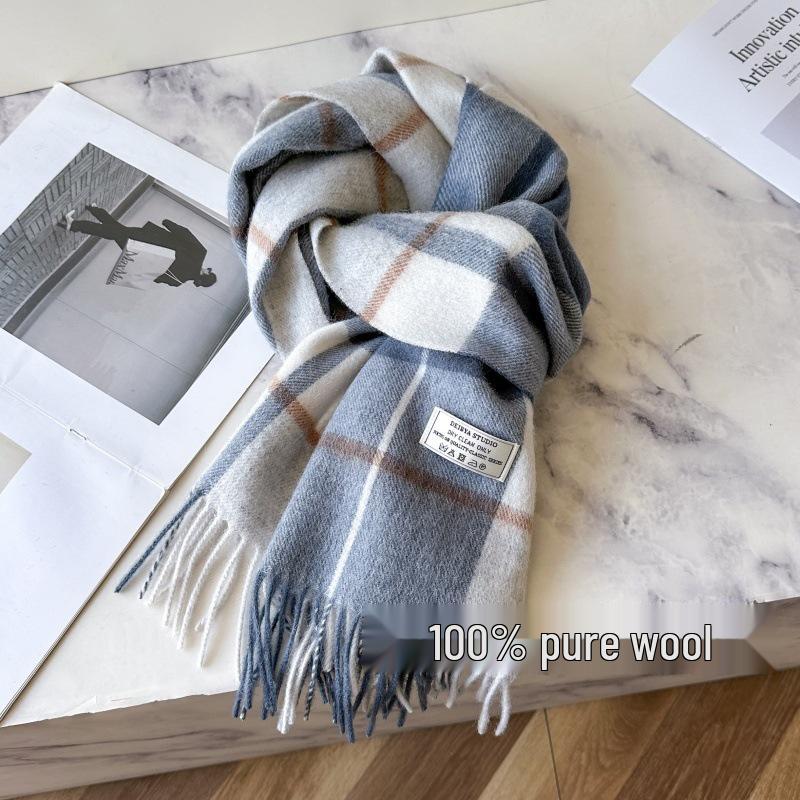 100% Reine Wolle Blauer Karoschal - Warmer, Vielseitiger Halswärmer für den Winter