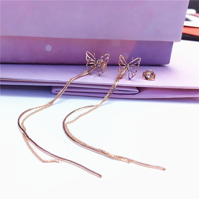 

Exquisite Purple Gold-Plated Rose Gold Long Hollow Butterfly Earrings Simple Antique Super Fairy Temperament Elegant Colored Gold Earrings