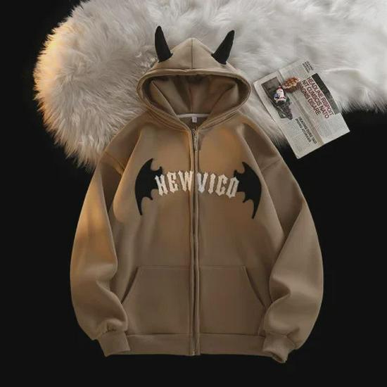 

Унисекс Ретро Кардиган с капюшоном и дьявольскими рожками: Стильная куртка свободного кроя для всех XL хаки