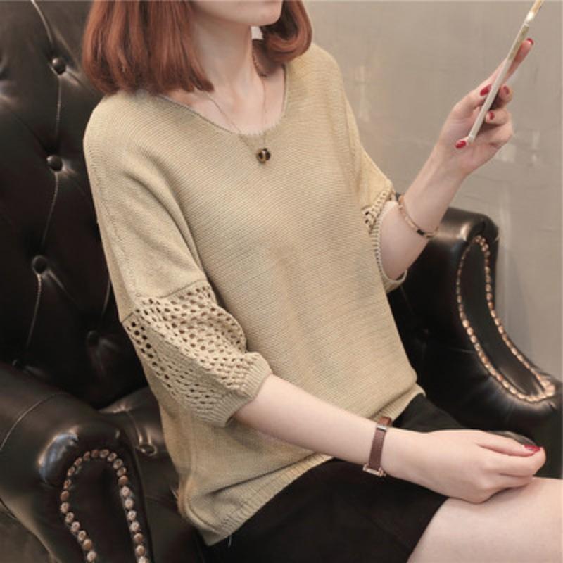 Knit Short Sleeve Top Women Mesh Lace Thin Student Spring Autumn Shirt Loose Mid Sleeve Cover Up