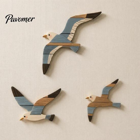 3D Wooden Bird Wall Hanging 3/4Pcs Seagull Decor, Nautical Coastal Theme Art, Natural Wood Texture Decor Adhesive Sculpture for Home Bedroom