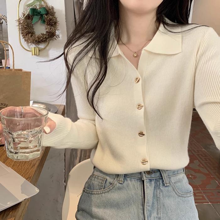 Women's Polo Neck Button-Down Cardigan: Elegant Autumn/Winter Knit Sweater, Ribbed Long-Sleeve Top for a Gentle, Sophisticated Look