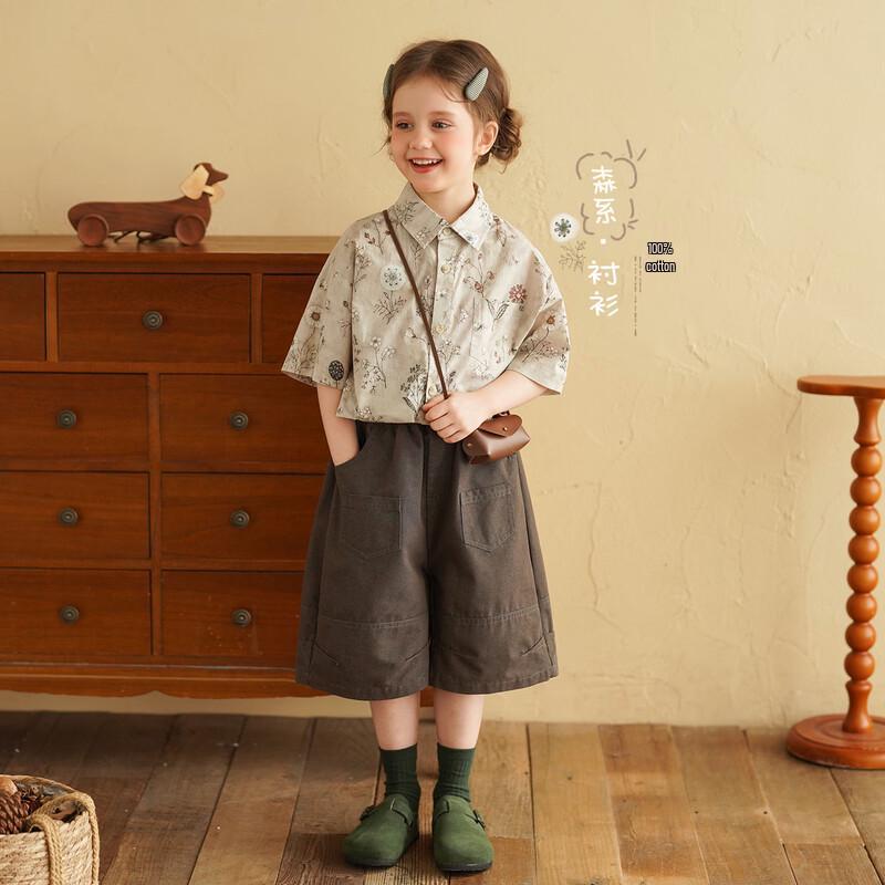 Girls Retro Full-Print Short-Sleeved Cotton Shirt 90