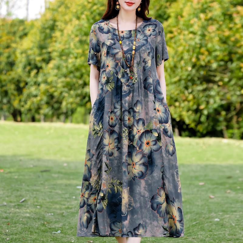 Plus Size Elegant Women's Summer Dress Vintage Clothes Short Sleeve Loose Long Dresses