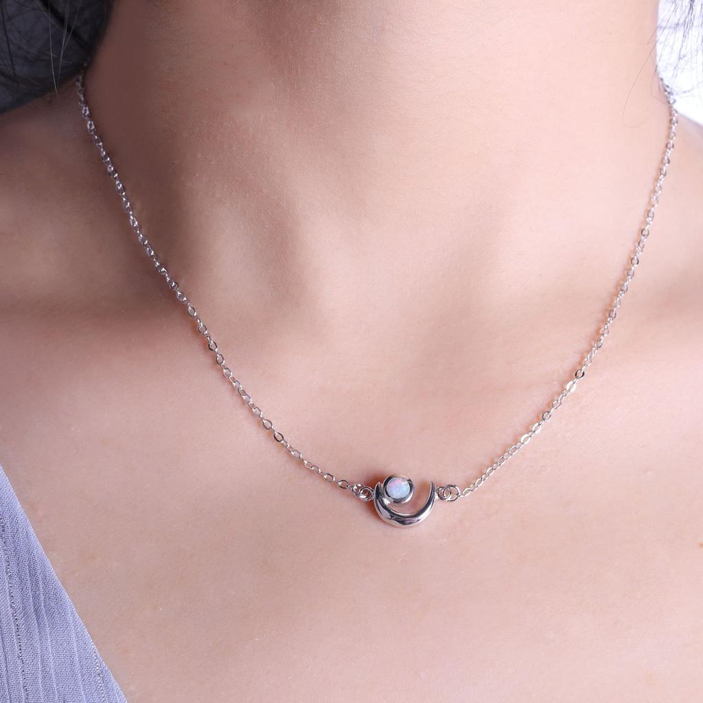KELITCH Women's Choker Necklace with Synthetic Opal & Moon Oval Pendant (16-18 inch) Chain (White)