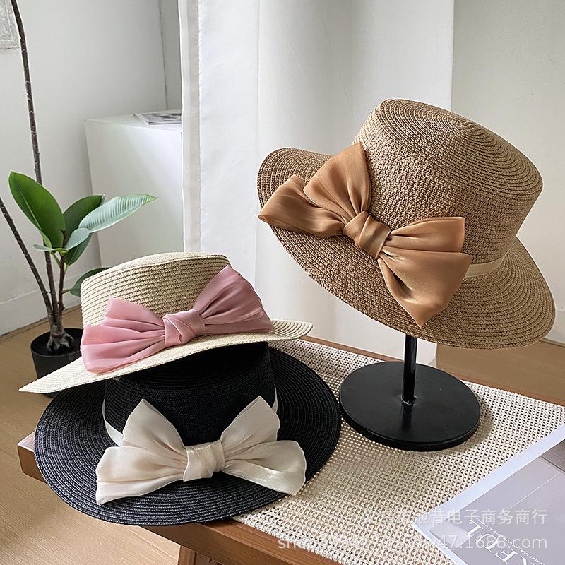Hat Women's New Spring and Summer Straw Bow Straw Hat Versatile Flat Top Sunscreen Sun Hat Tide