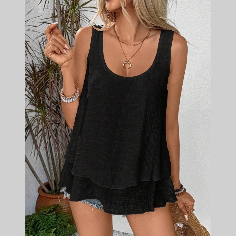 Women's Summer Tops Sleeveless Tank Tops Casual Flowy Loose Tunics Shirt Double Layers Ruffle Blouses Tunics gIFTS