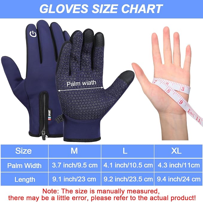 Winter Touchscreen Gloves for Men Women Waterproof Windproof Full Finger Cycling Silicone Non Slip Palm Zipper Sport Gloves for Running Driving Hiking