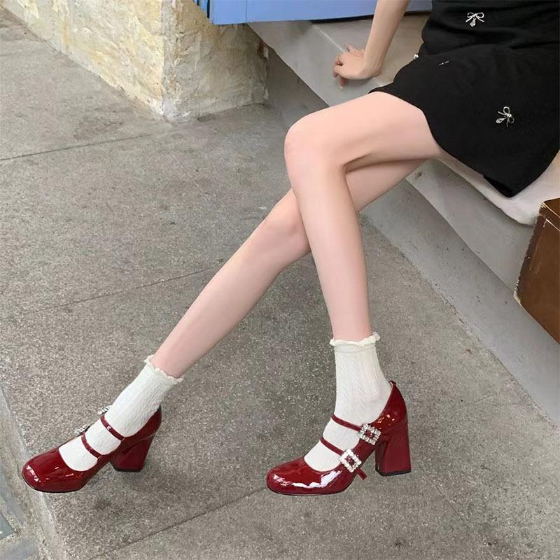 French temperament rhinestone thick heel Mary Jane shoes silver high heels light mouth square head button with skirt single shoes women