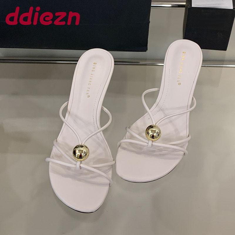 Fashion Fashion Metal Footwear Thin Heels Slippers Shoes For Women 2025 New Round Toe Ladies High Heels Slippers Female Slides Sandals