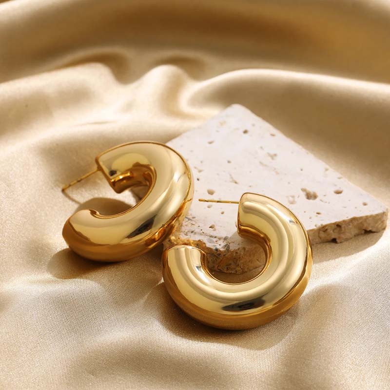 Vintage Stainless Steel Chunky C Shape Hoop Earrings For Women Fashion Gold Color Circle Round Glossy Huggie Earrings Zircon