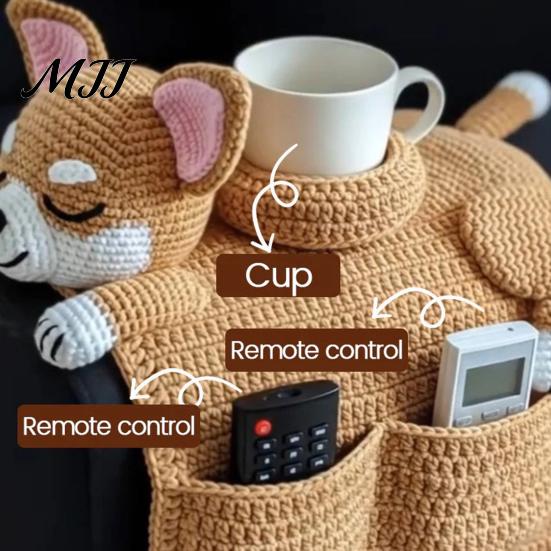 Sofa Storage Bag Soft Wool Dog Shape Hand Woven Shaped Pillow with Built-in Cup Holder Winter Accessory
