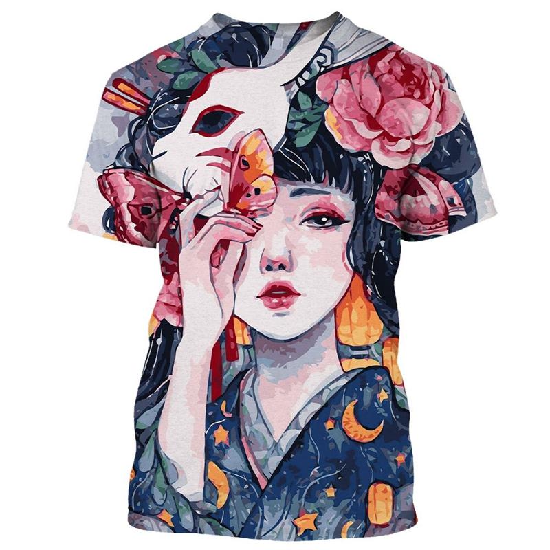 T-shirt Geisha Guerriera Giapponese Girocollo Manica Corta Stampa 3D Personalità Vintage Tendenza Stile Harajuku T-shirt da Uomo