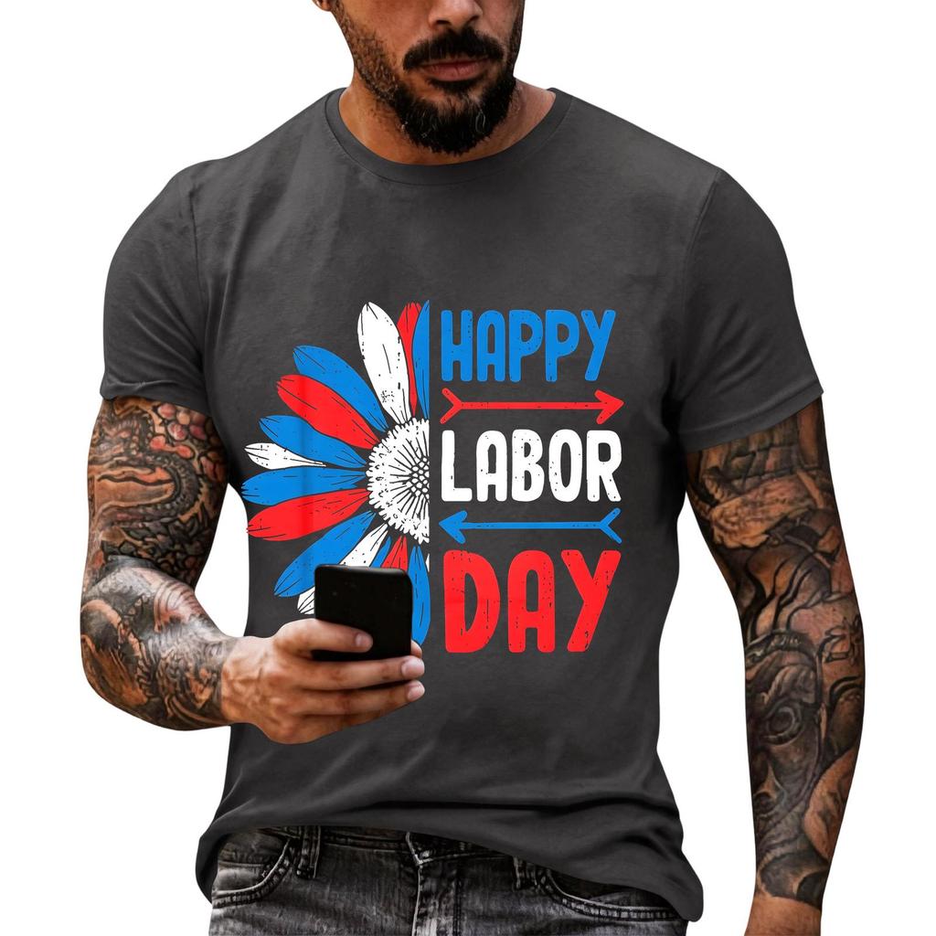 Men's Casual Loose Fit Short Sleeve T-Shirt Crew Neck Printed Graphic Tee for Labor Day Celebration Comfortable Everyday Wear