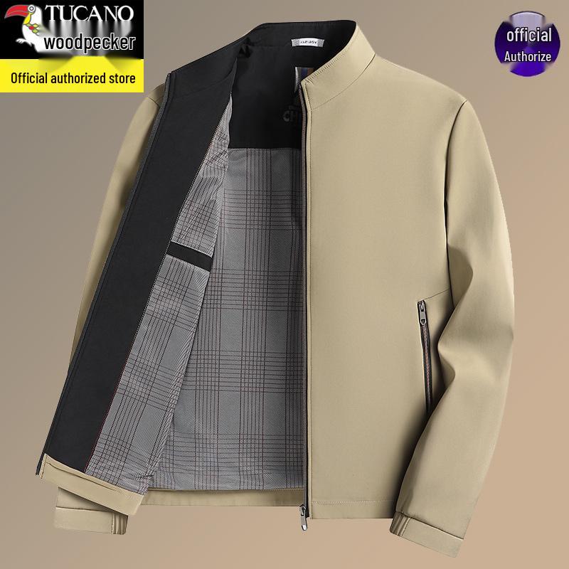Woodpecker Men s Spring & Autumn Windproof Executive Jacket - Business Casual, Loose Fit, Stand Collar, Solid Color, for Middle-Aged Men 180/For 135-150 lbs