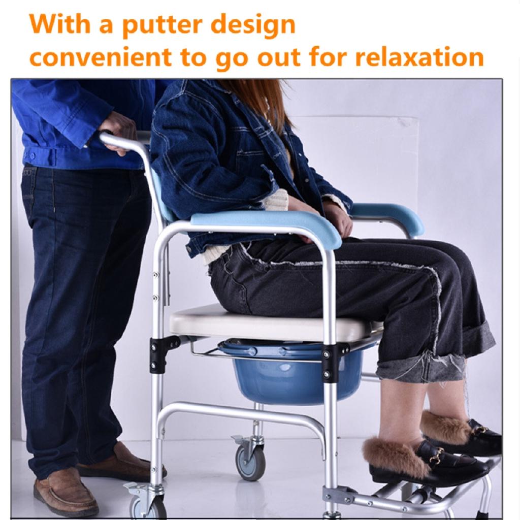 Weiß + Blau 3-in-1 Toilettenrollstuhl für ältere Menschen, faltbarer Stuhl, Nachttopf & Duschsitz, Badezimmer-Rollstuhl, Aluminiumlegierung