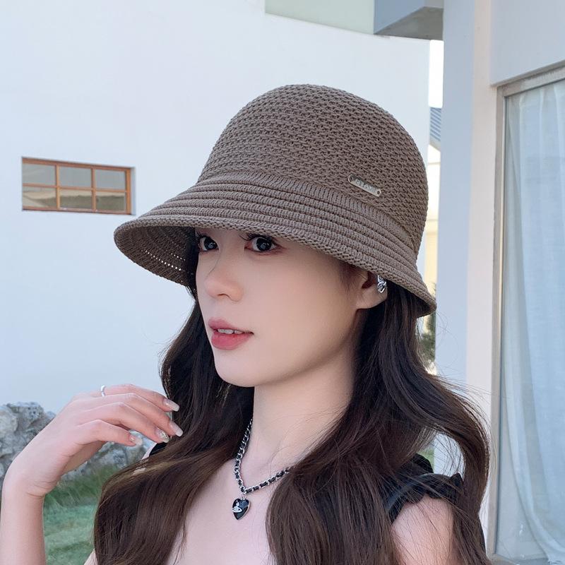 Hat Women's Thin Hollow Knitted Basin Hat Spring and Summer Sun Hat Show Small Irregular Brim Simple Versatile Breathable