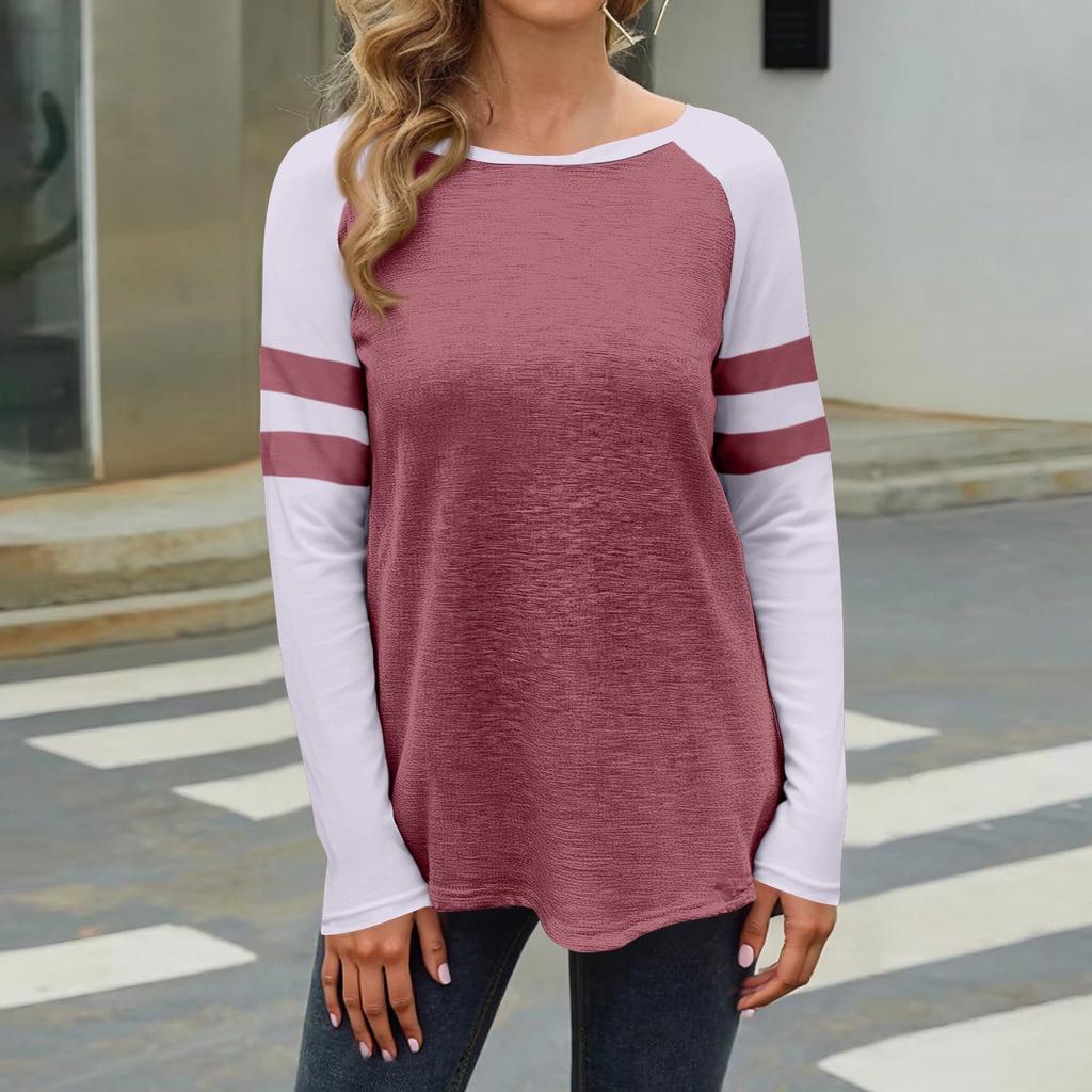 Women's Casual Fashion Striped Long Sleeve Round Neck Colorblock Top
